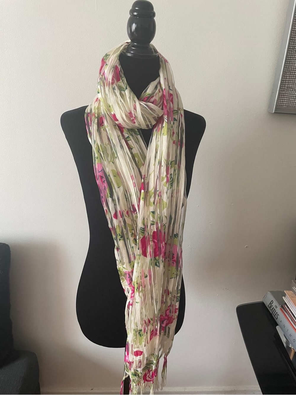 Cream Floral Scarf Mousseline with Pink & Green Accents by